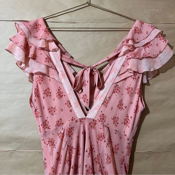 Free People | Joaquin Dress Peach Combo Floral Ruffle Godet Midi Dress Size S - Picture 13 of 15